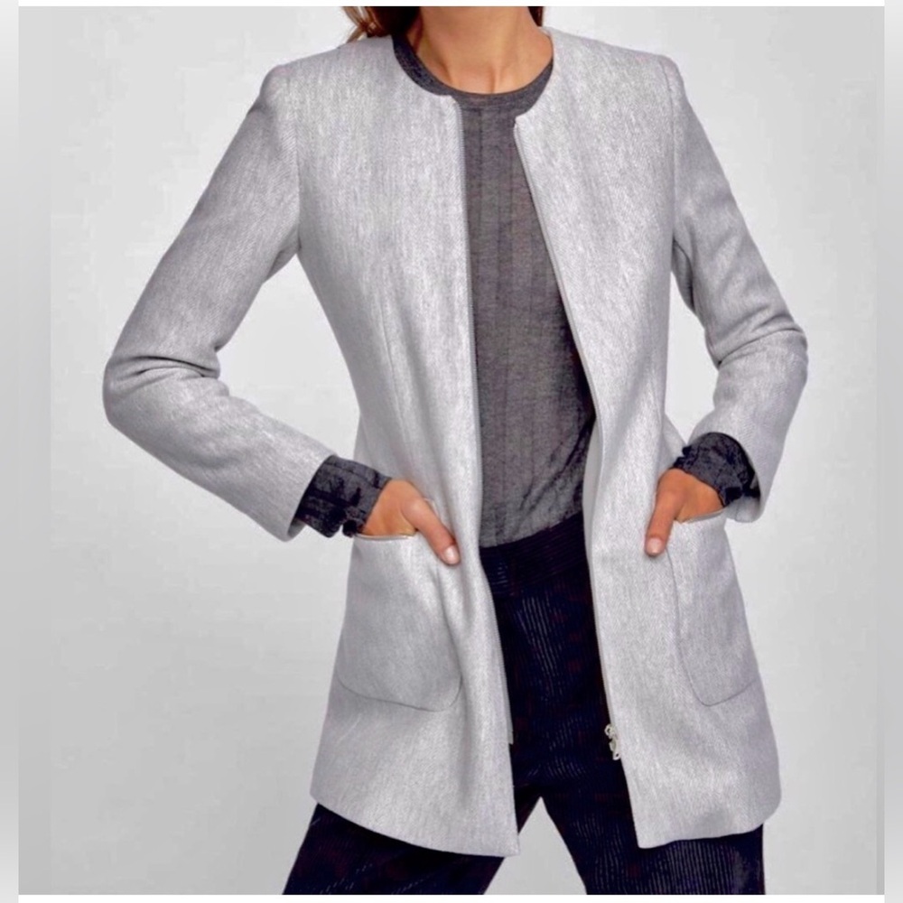 Zara light weight jacket herringbone peacoat trench zipper size L